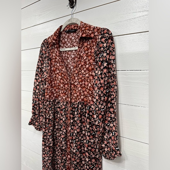 Zara • NEW • BROWN MAROON RED FLORAL PRINT BUTTONED LOOSE FIT MIDI DRESS • SMALL - Picture 10 of 11